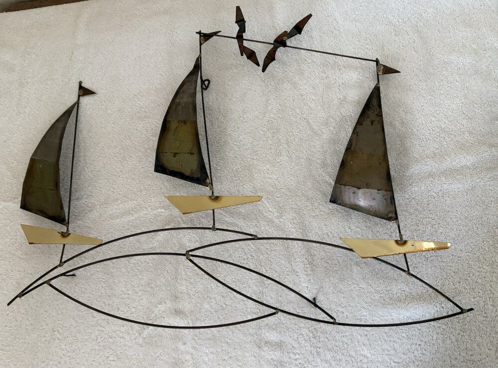 Vintage MCM Metal Sailboat Wall Sculpture Brass & Mixed Metals 25x18” Brutalist